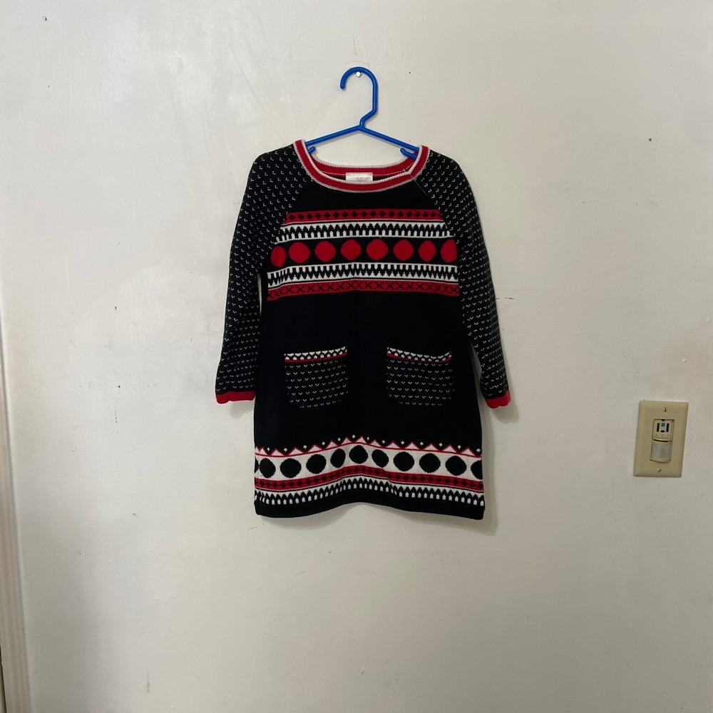 Hanna‎ Andersson Kids Black Red Nordic Fair Isle Knit Sweater Dress Size 110/4/5